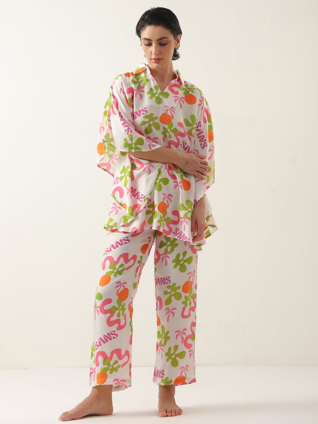 Off White Cotton V-Neck Night Suit for Women