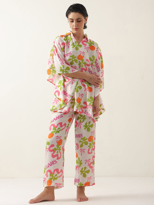 Off White Cotton V-Neck Night Suit for Women