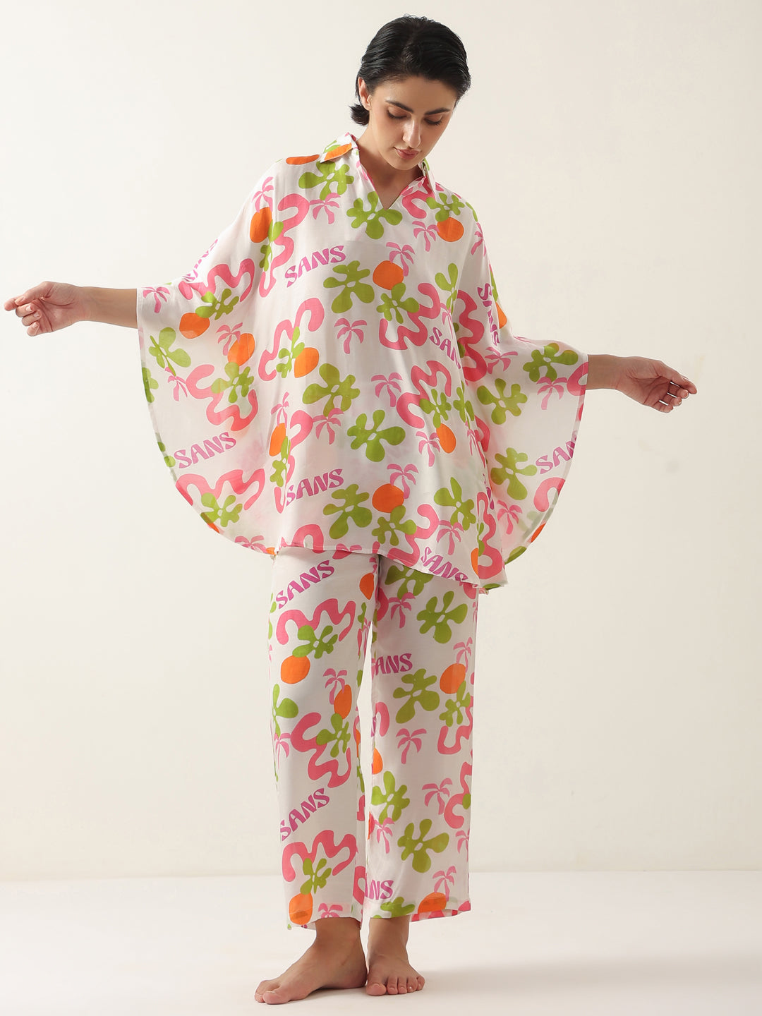 Off White Cotton V-Neck Night Suit for Women