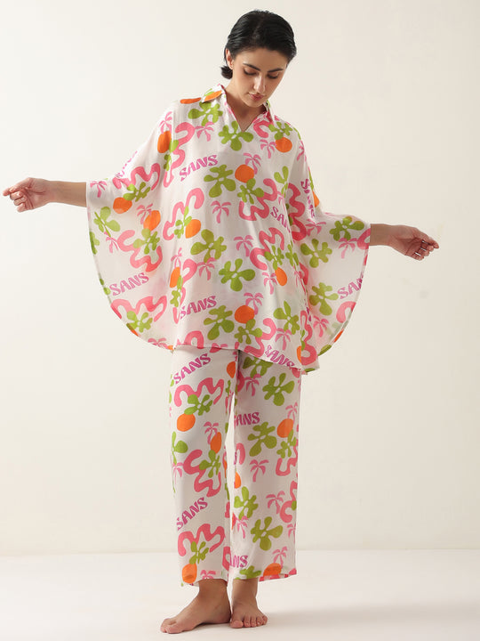 Off White Cotton V-Neck Night Suit for Women