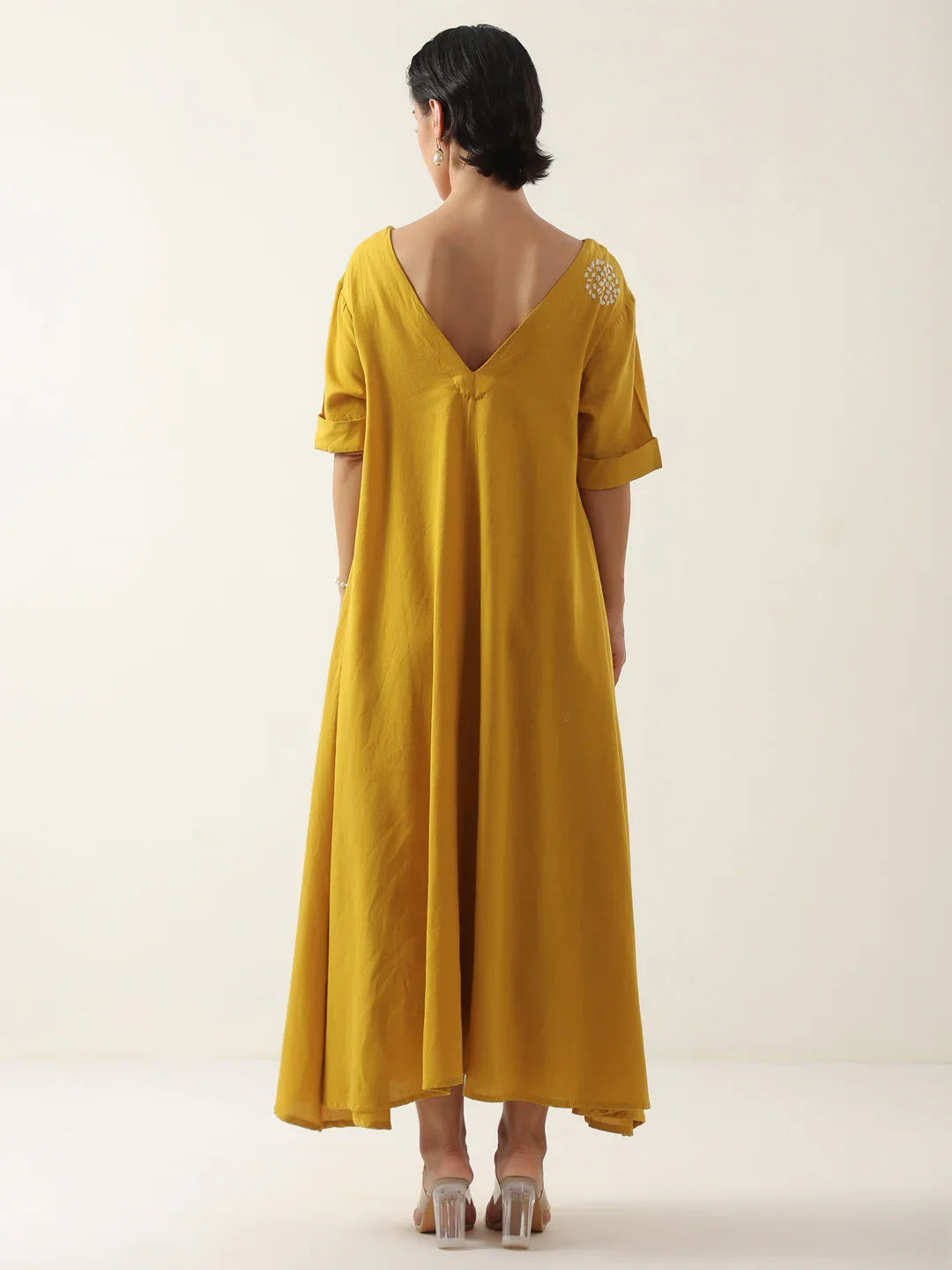 Mustard V-Neck Solid Cotton Dress For Women