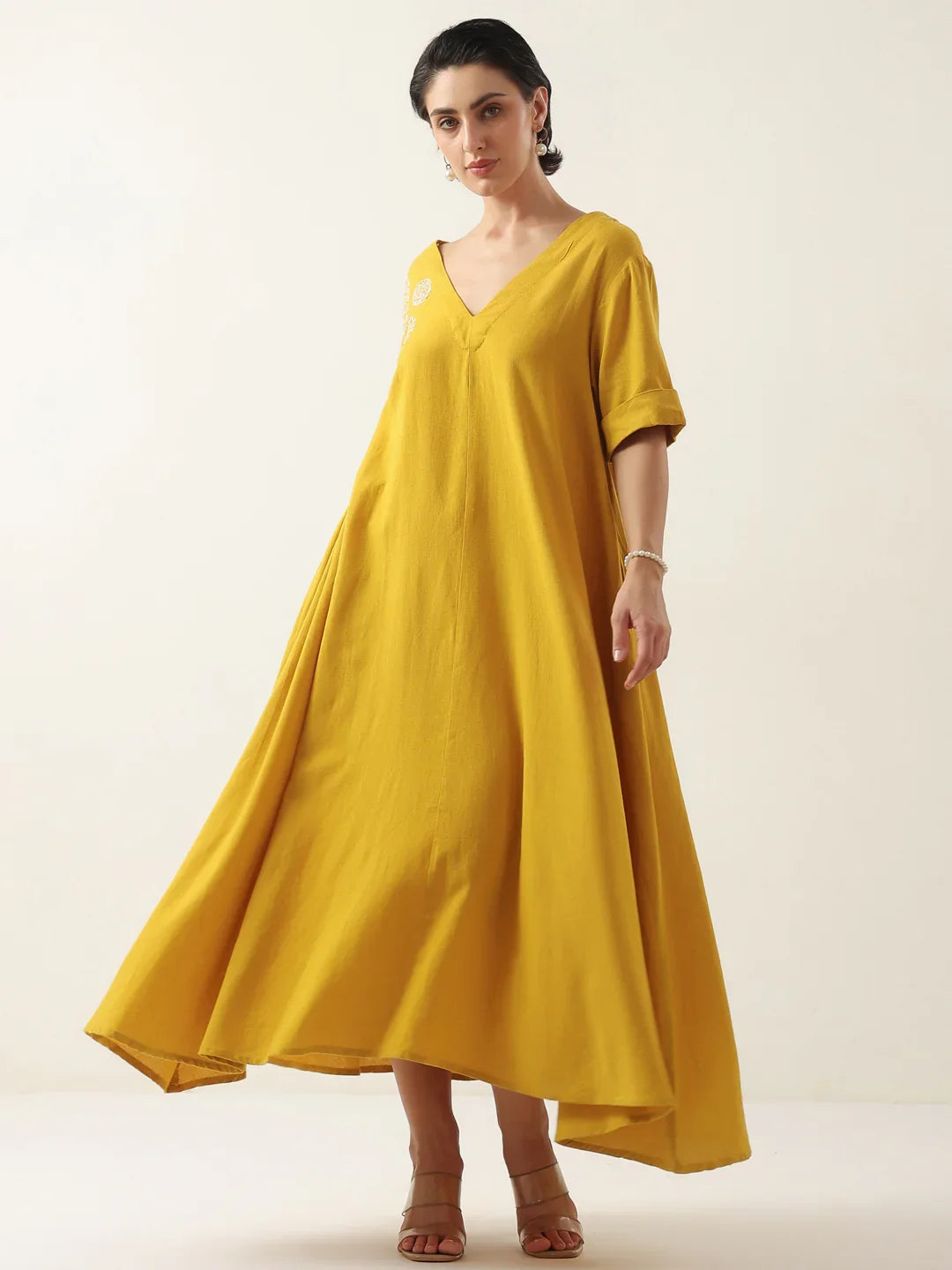 Mustard V-Neck Solid Cotton Dress For Women