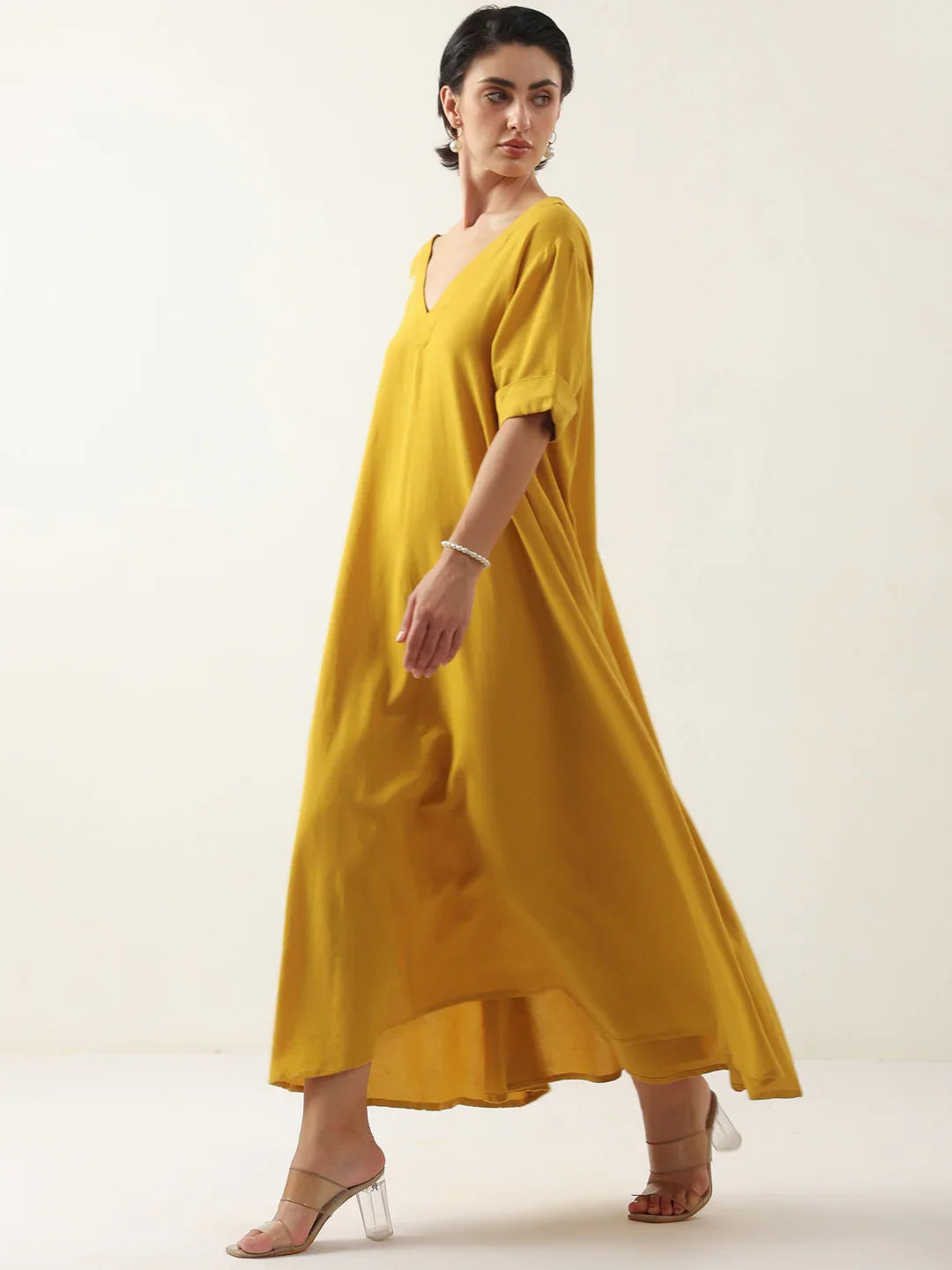 Mustard V-Neck Solid Cotton Dress For Women