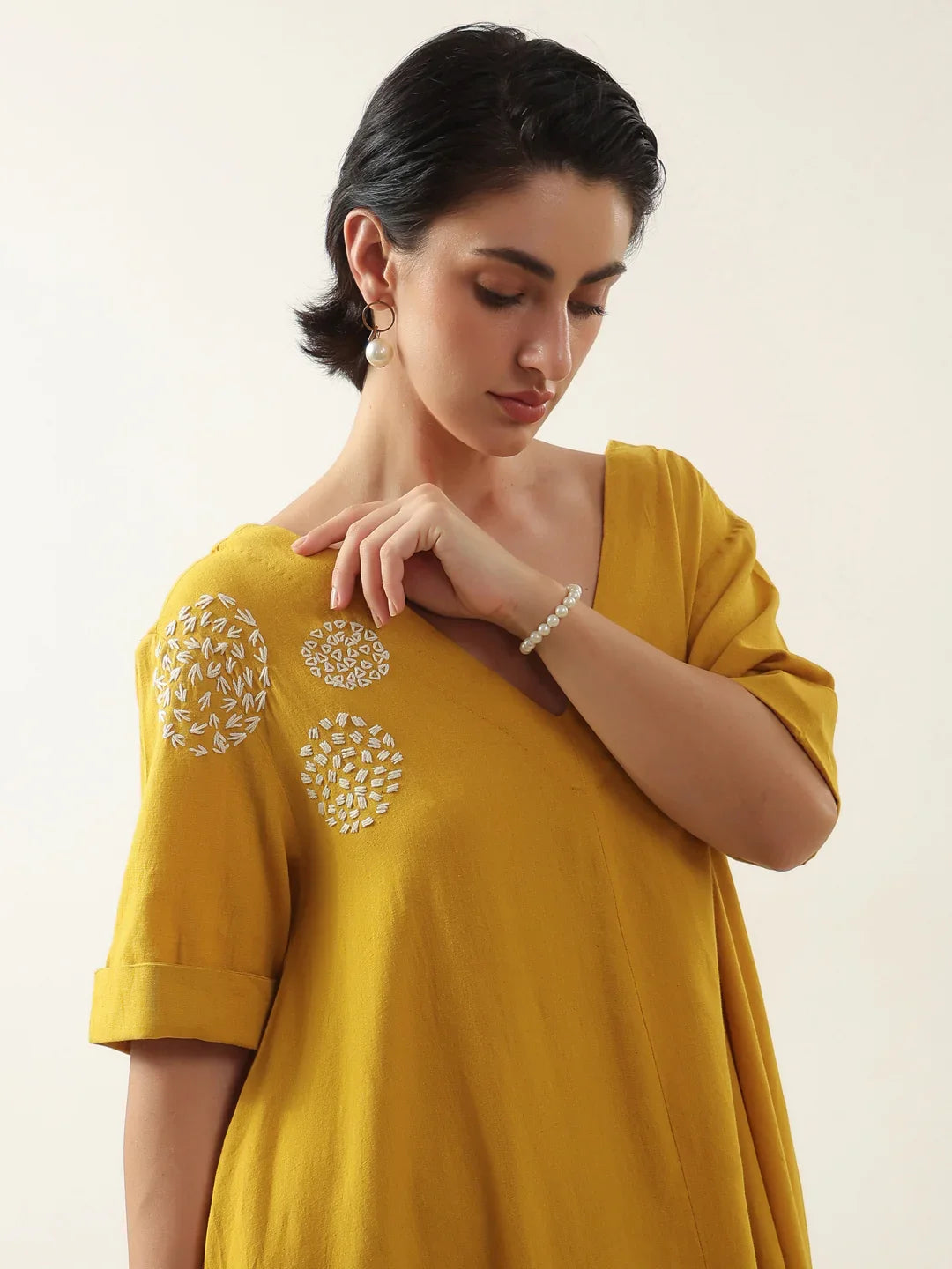 Mustard V-Neck Solid Cotton Dress For Women