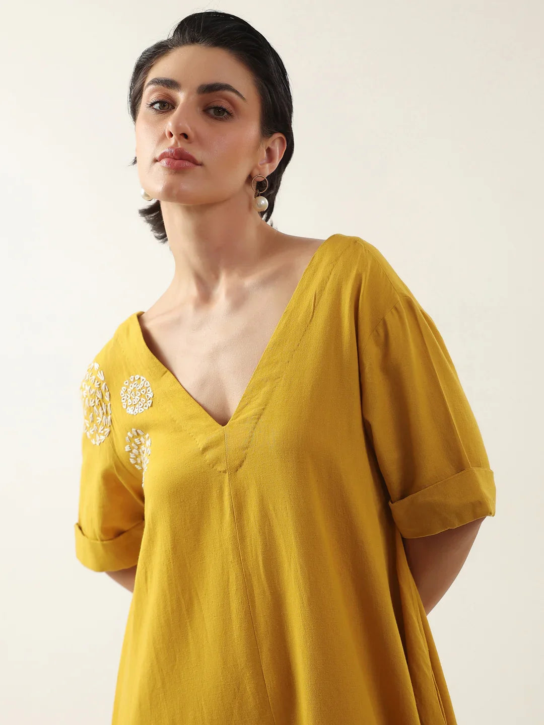 Mustard V-Neck Solid Cotton Dress For Women