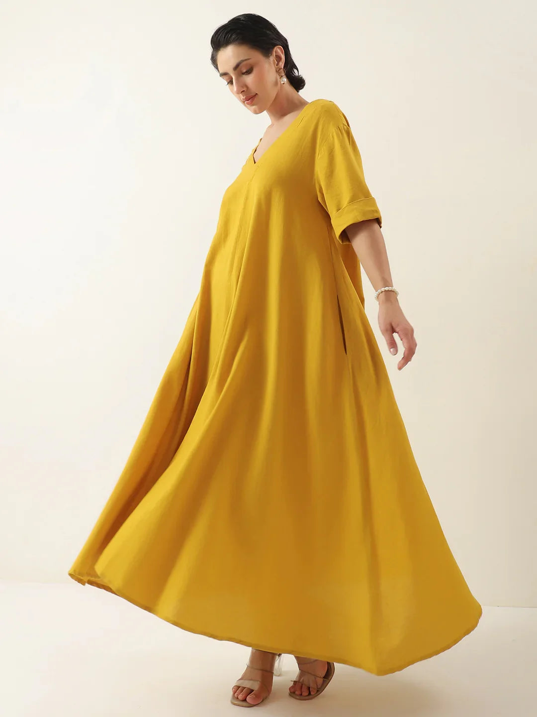 Mustard V-Neck Solid Cotton Dress For Women