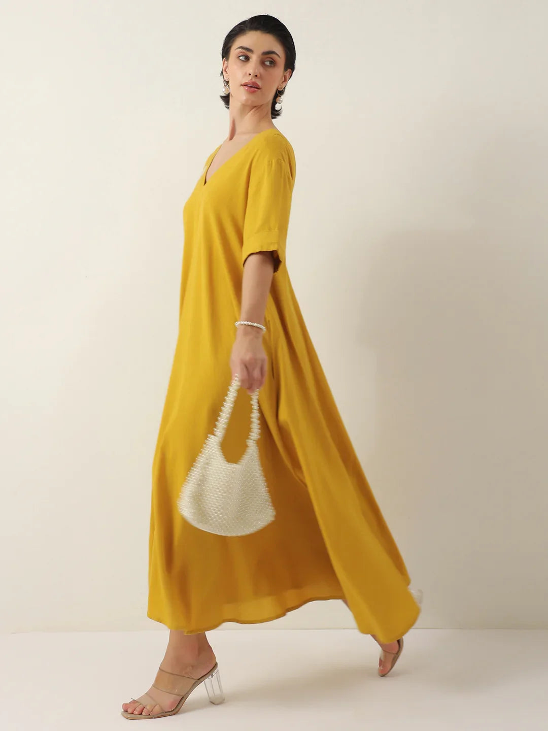 Mustard V-Neck Solid Cotton Dress For Women