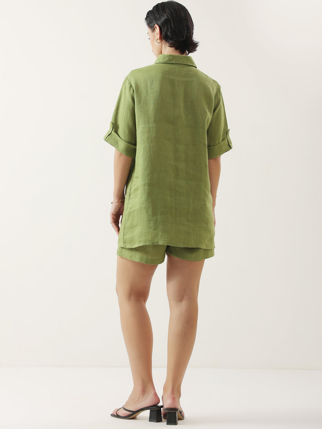 Green Color Shirt Collar Cotton Co-ords Set