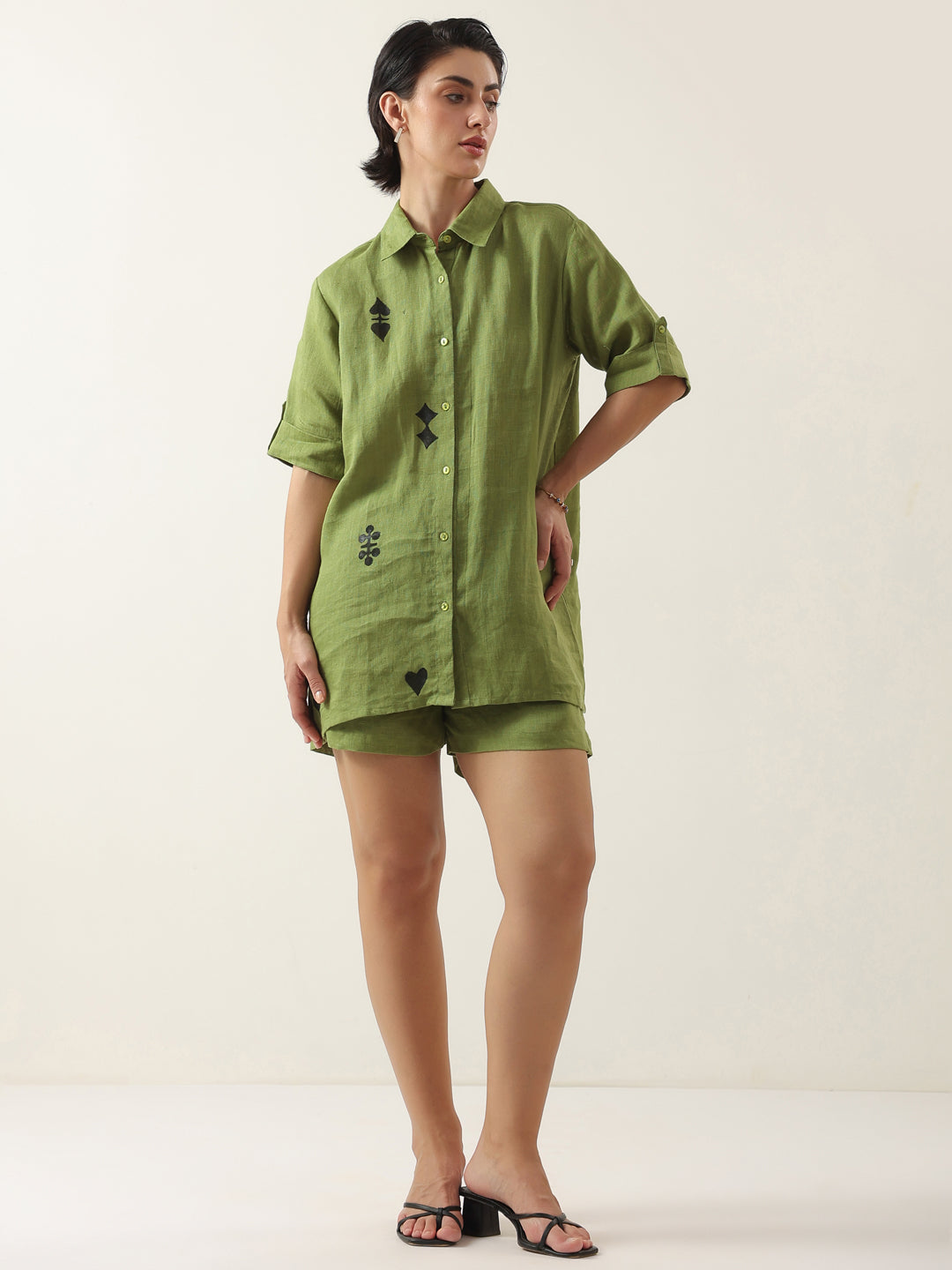 Green Color Shirt Collar Cotton Co-ords Set