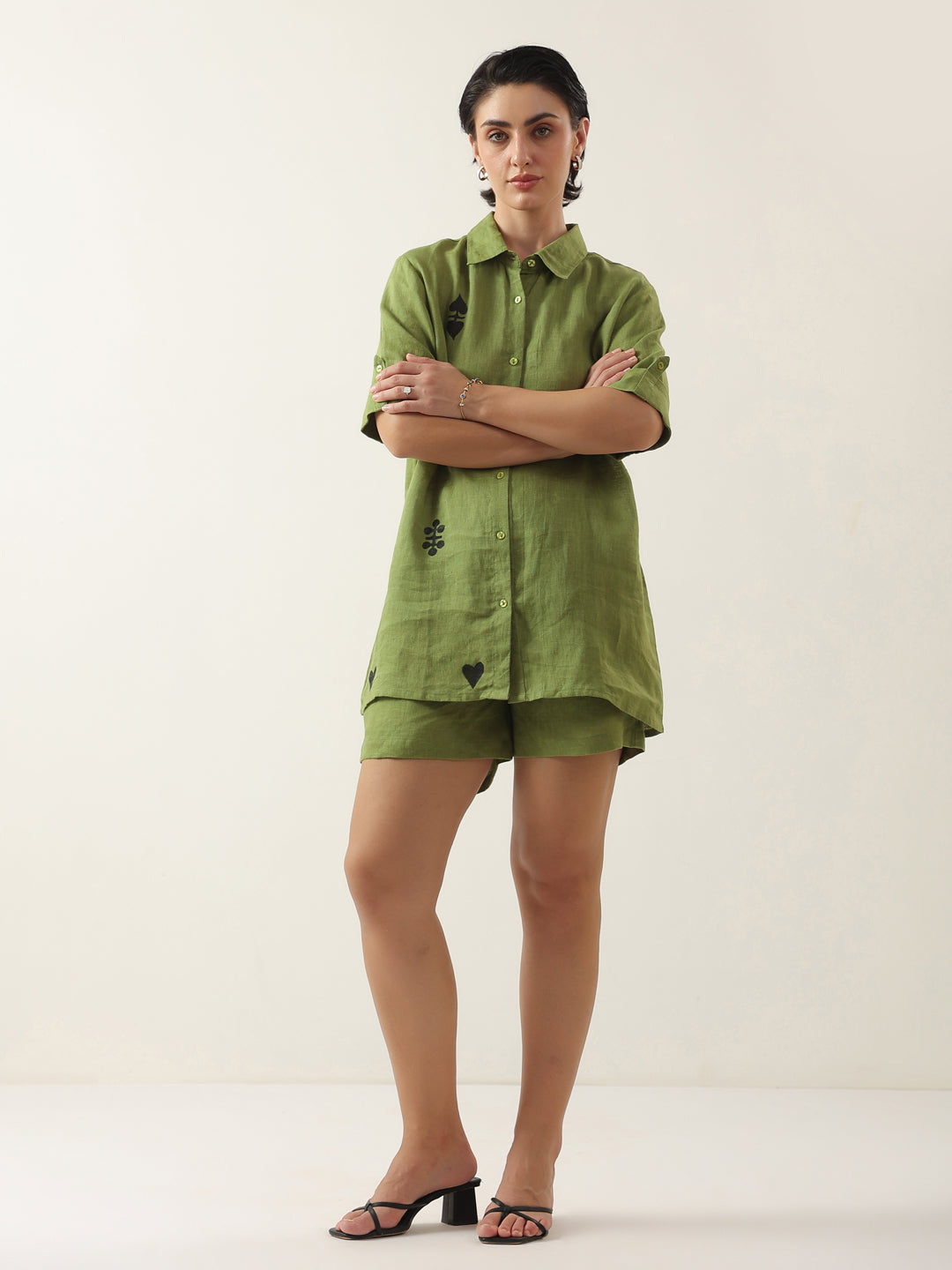 Green Color Shirt Collar Cotton Co-ords Set