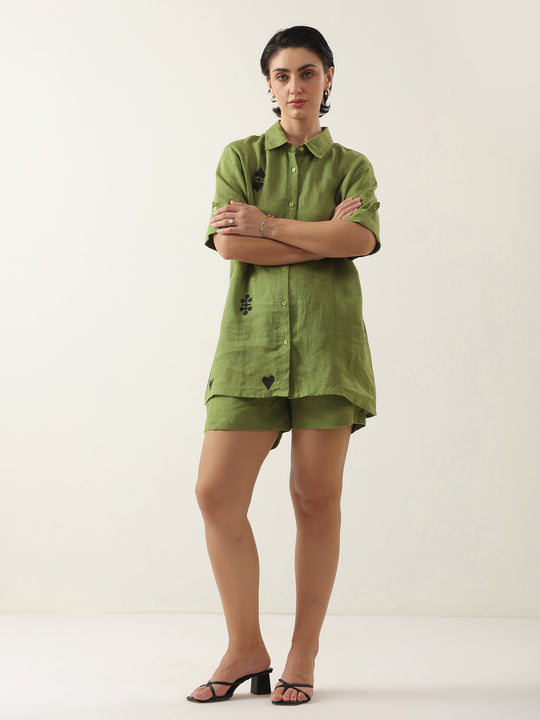 Green Color Shirt Collar Cotton Co-ords Set