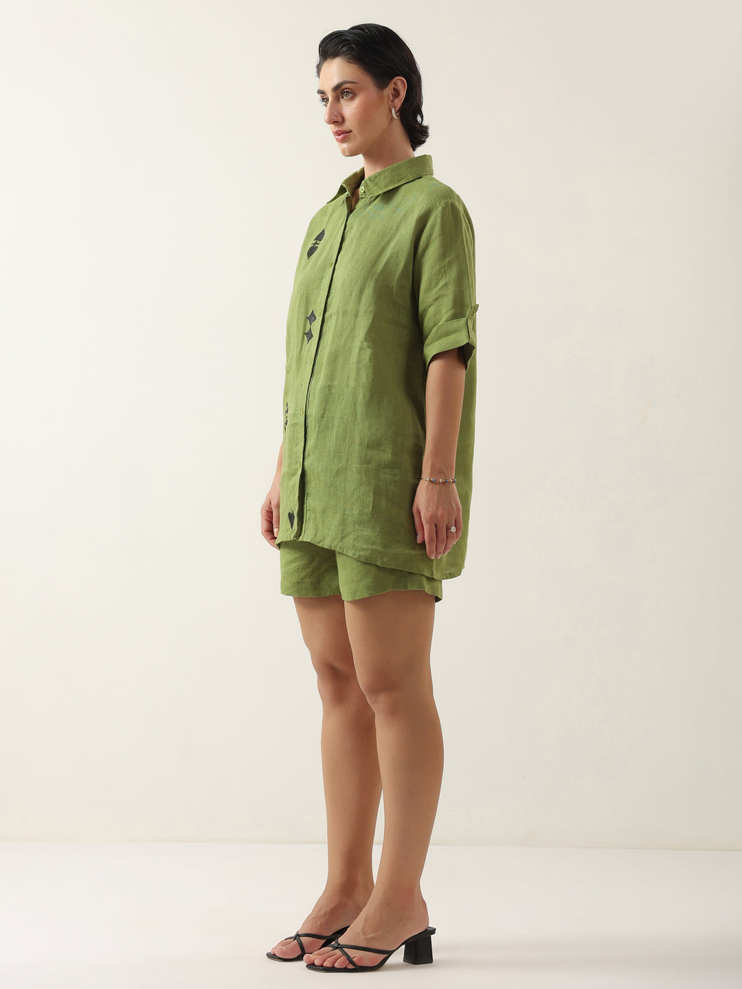 Green Color Shirt Collar Cotton Co-ords Set