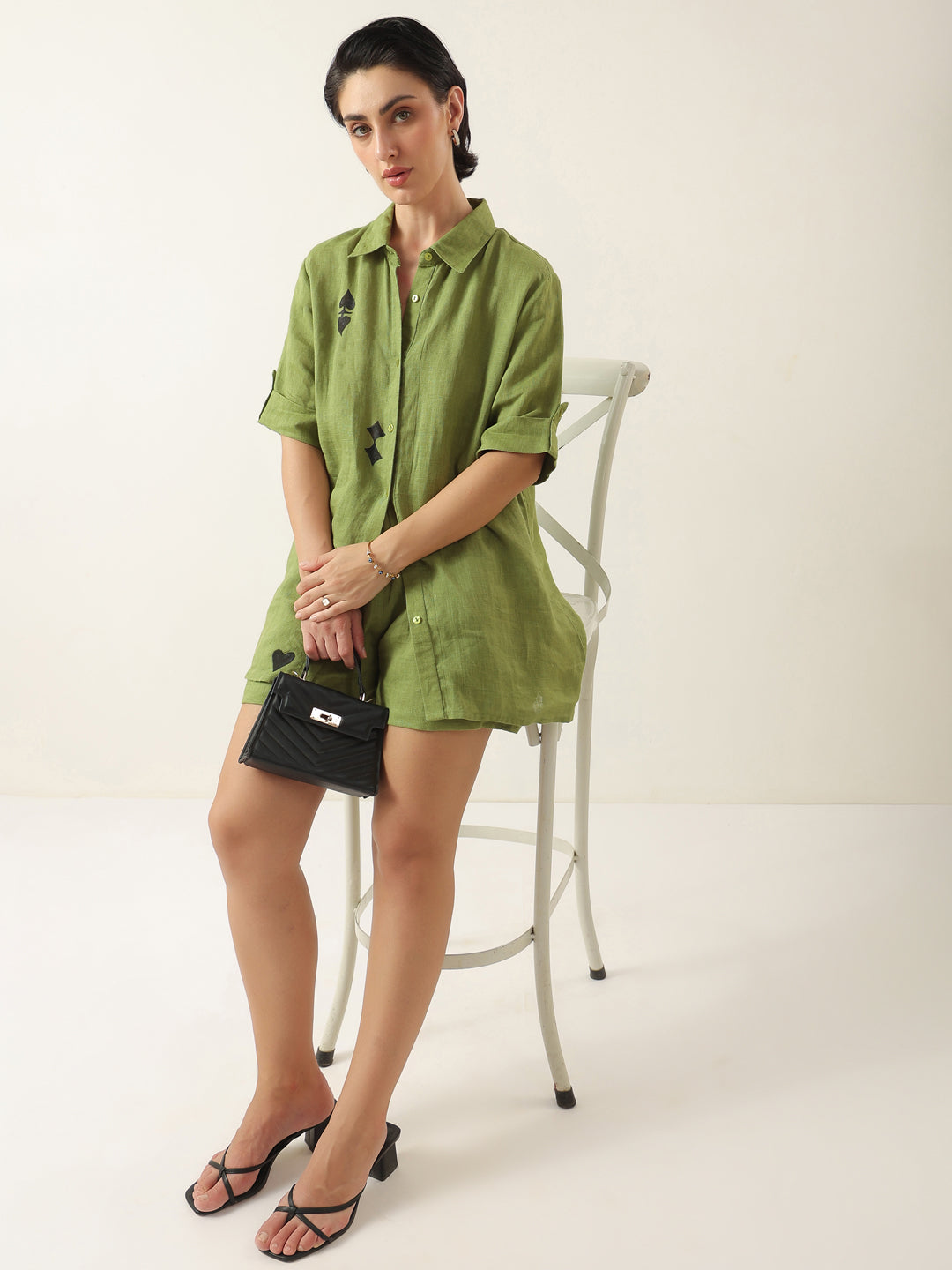 Green Color Shirt Collar Cotton Co-ords Set