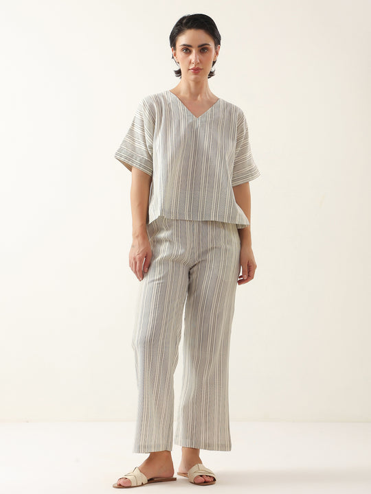 Grey Color V-Neck Cotton Night Suit