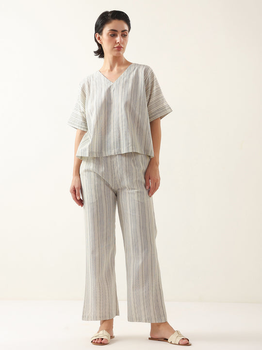 Grey Color V-Neck Cotton Night Suit