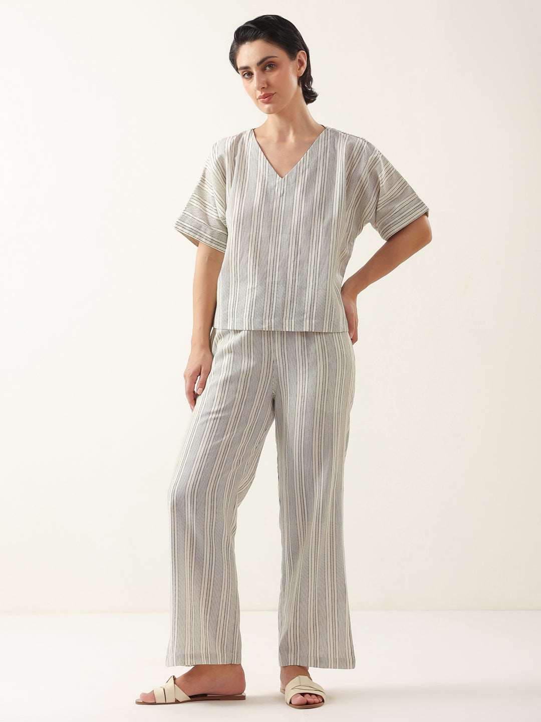 Grey Color V-Neck Cotton Night Suit - SanskrutiHomes 