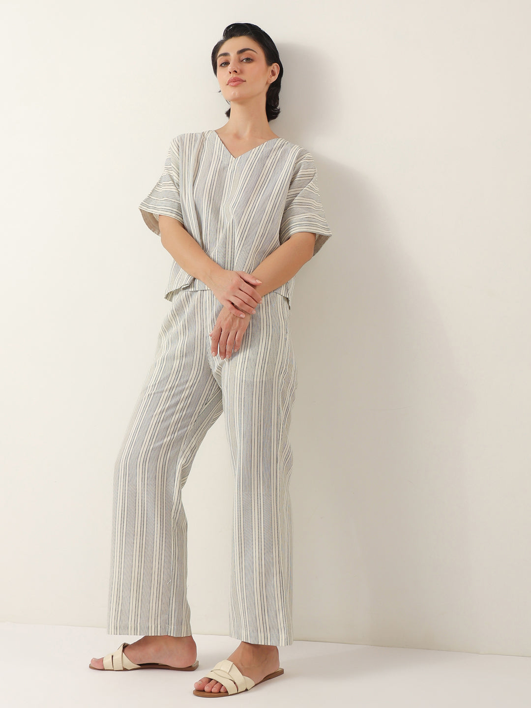 Grey Color V-Neck Cotton Night Suit - SanskrutiHomes 