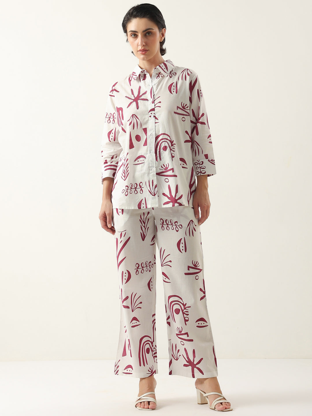 White Color Shirt Collar Cotton Printed Co-ords Set