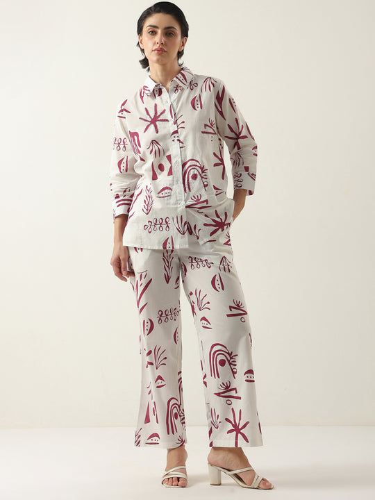 White Color Shirt Collar Cotton Printed Co-ords Set