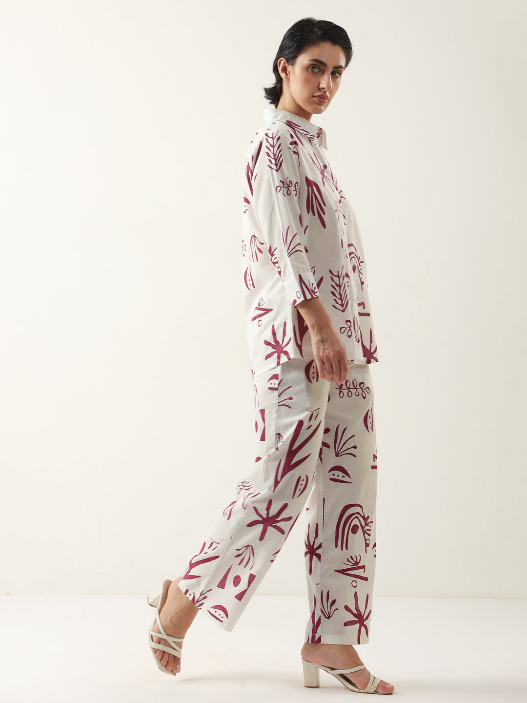 White Color Shirt Collar Cotton Printed Co-ords Set