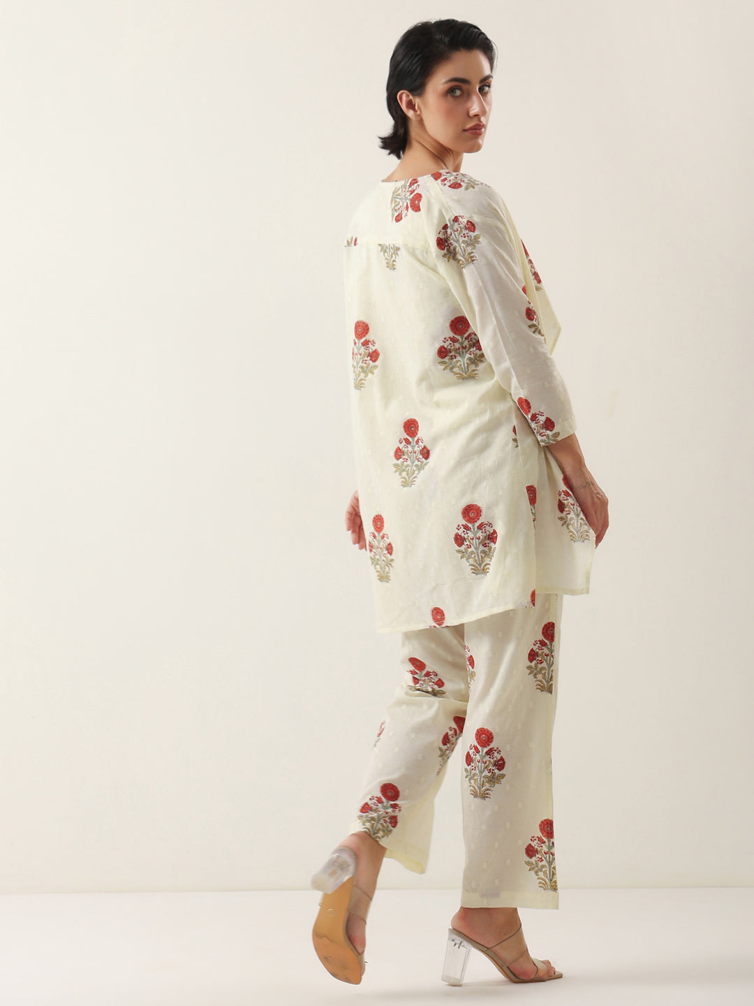 Cream Round Neck Cotton Floral Printed Co-Ords Set