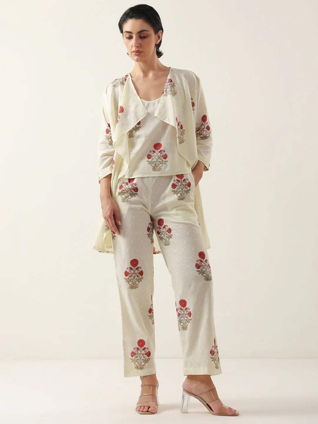 Cream Round Neck Cotton Floral Printed Co-Ords Set