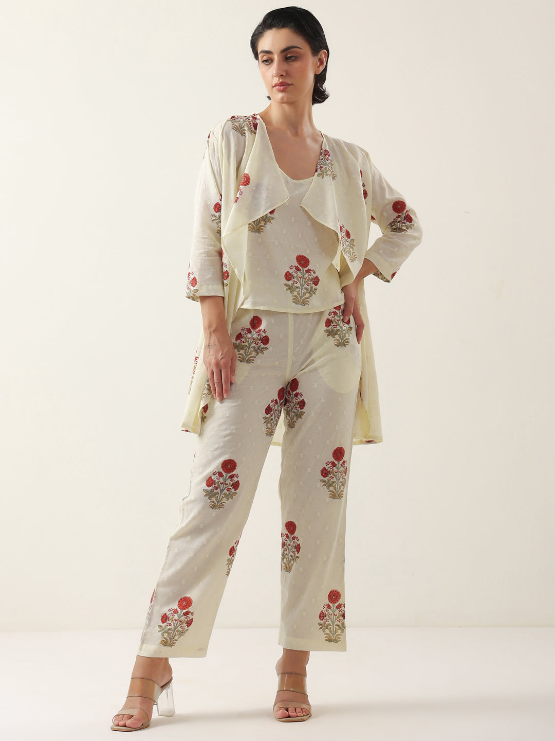 Cream Round Neck Cotton Floral Printed Co-Ords Set