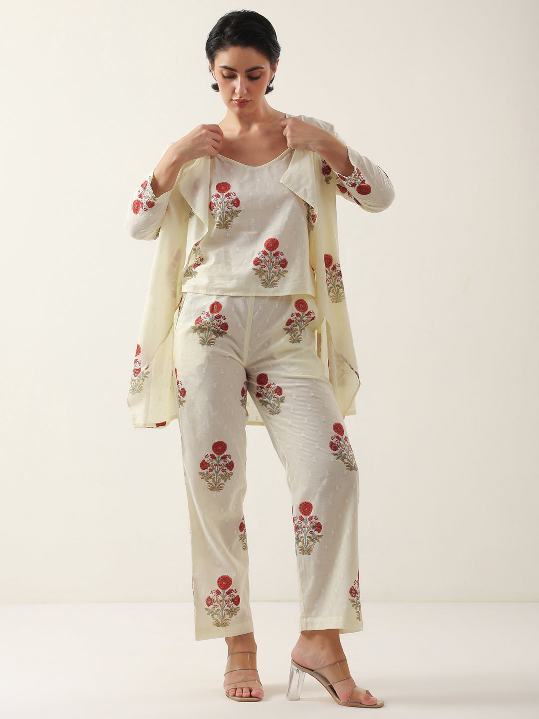 Cream Round Neck Cotton Floral Printed Co-Ords Set