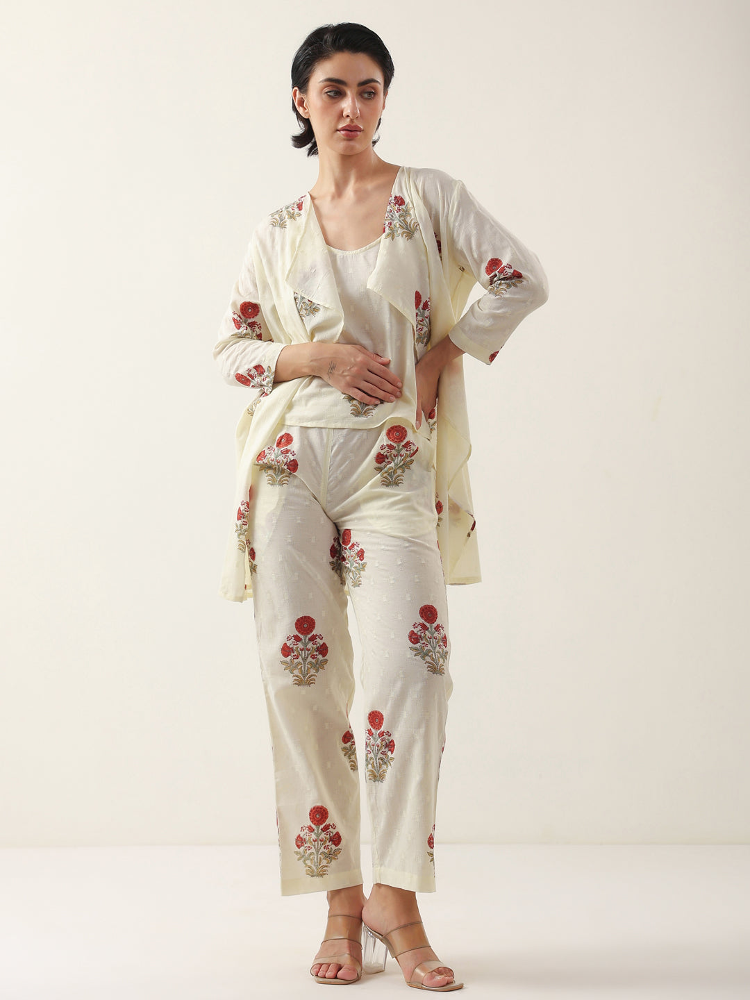 Cream Round Neck Cotton Floral Printed Co-Ords Set