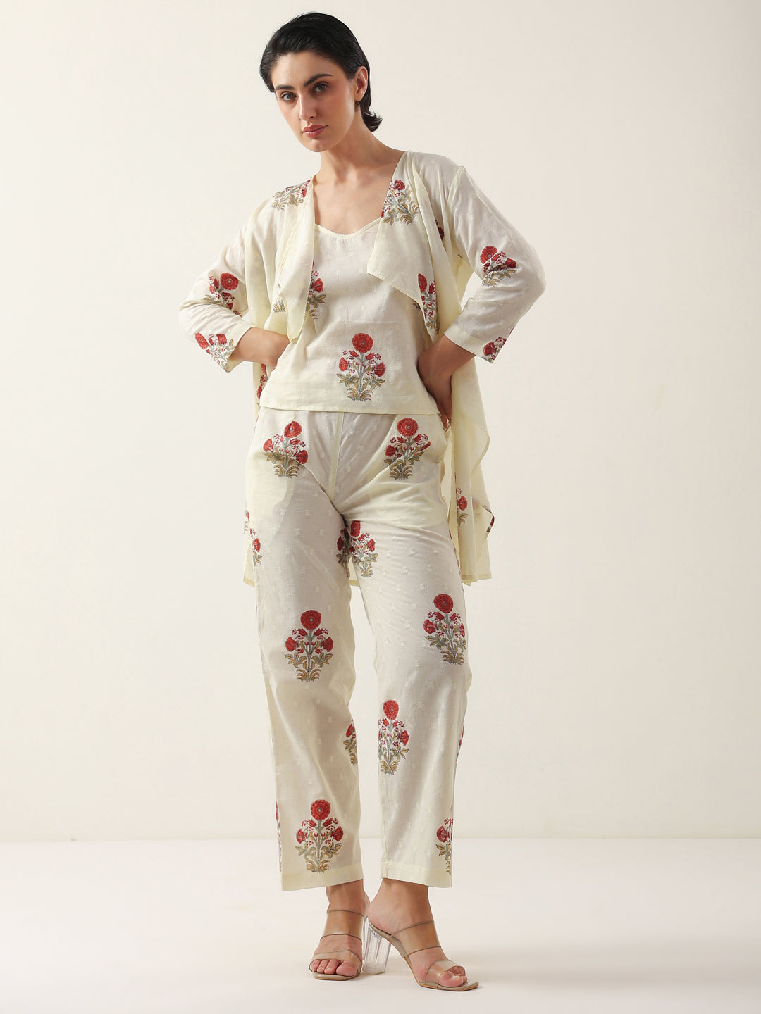 Cream Round Neck Cotton Floral Printed Co-Ords Set