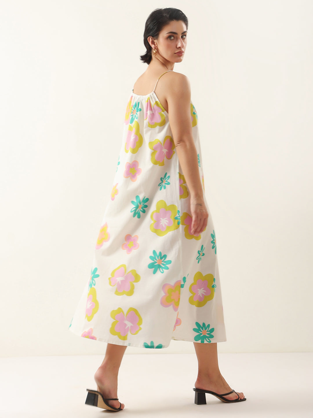 White Floral Printed Cotton Dress for Women and Girls