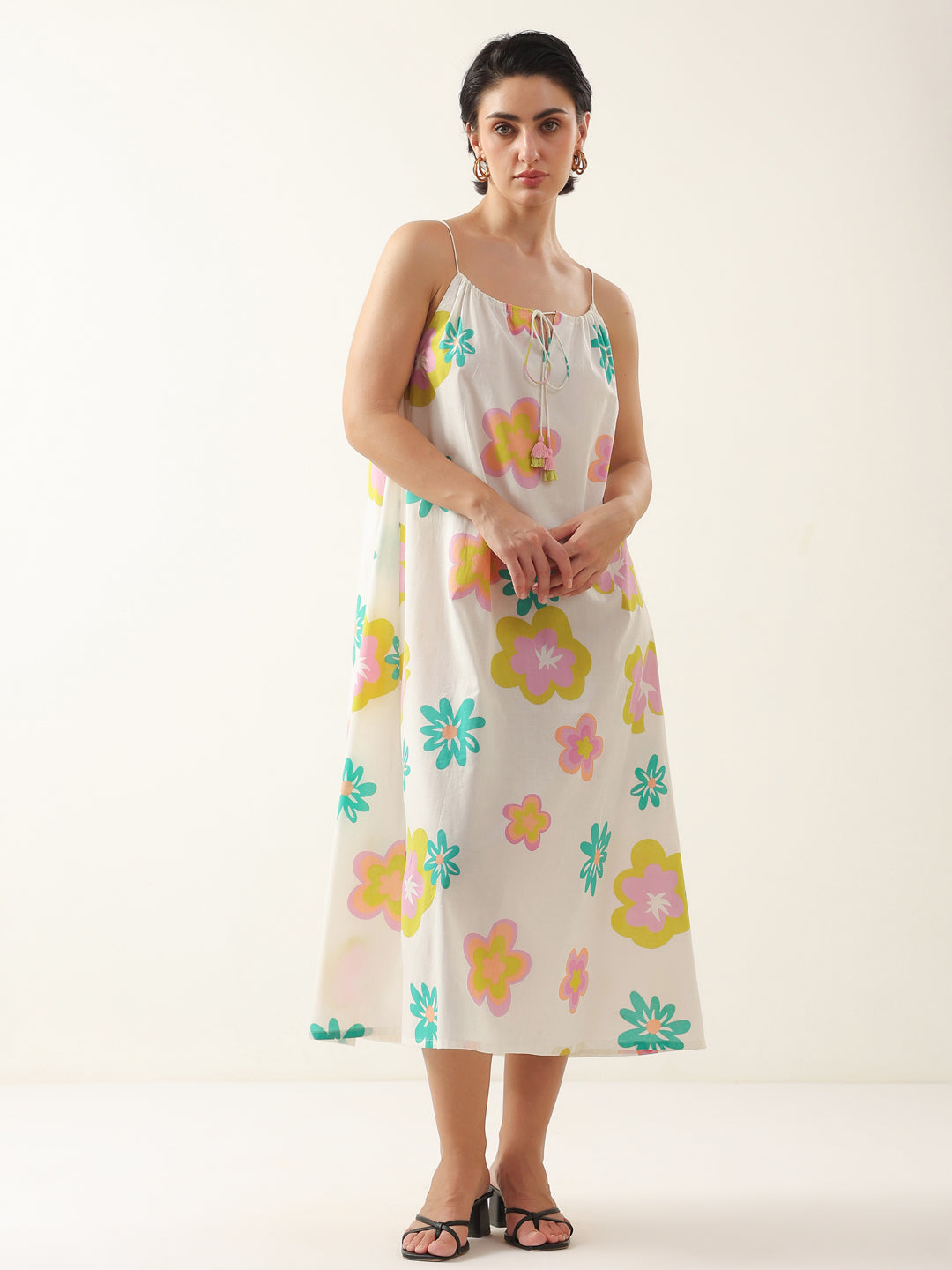 White Floral Printed Cotton Dress for Women and Girls