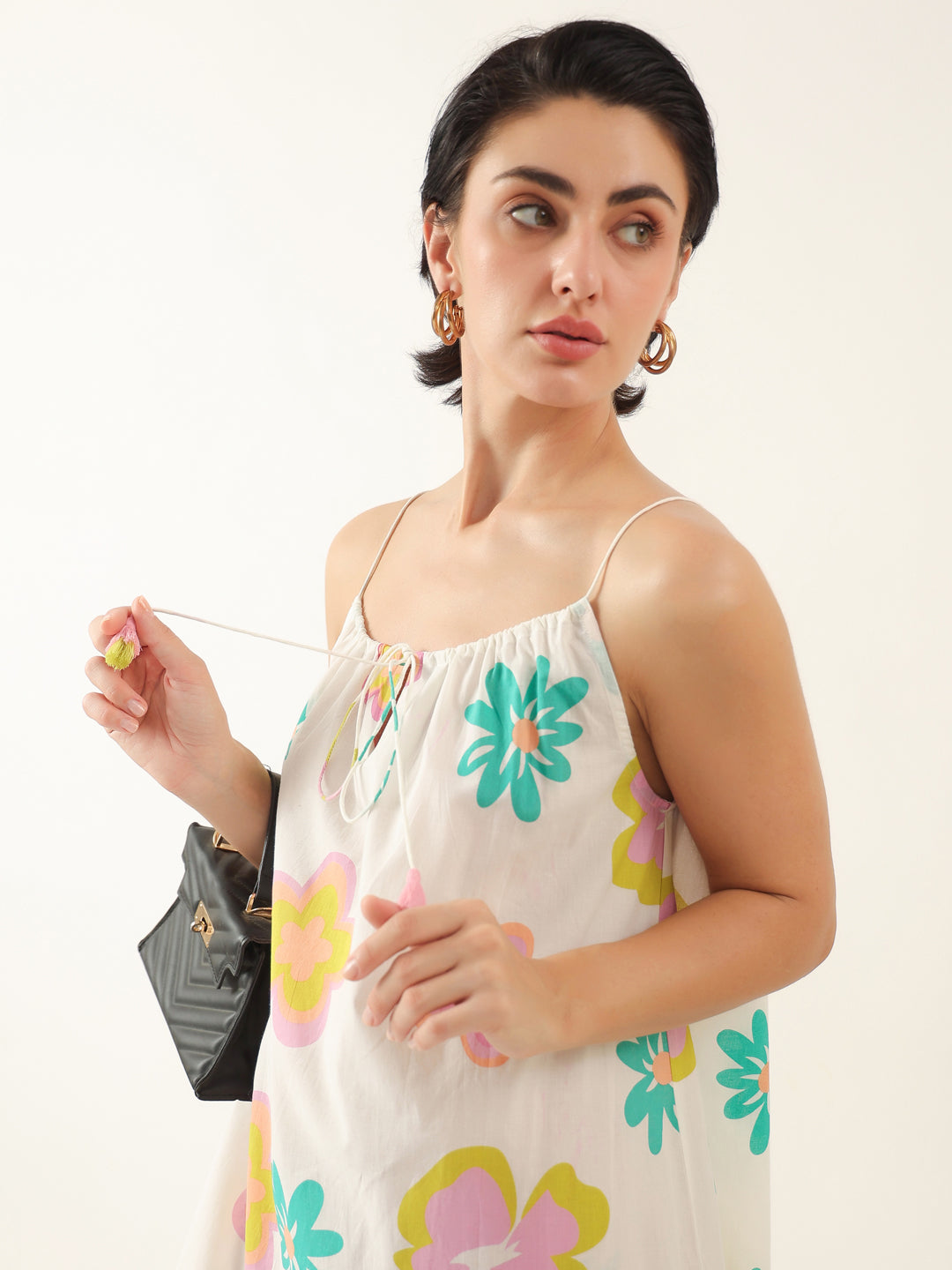 White Floral Printed Cotton Dress for Women and Girls