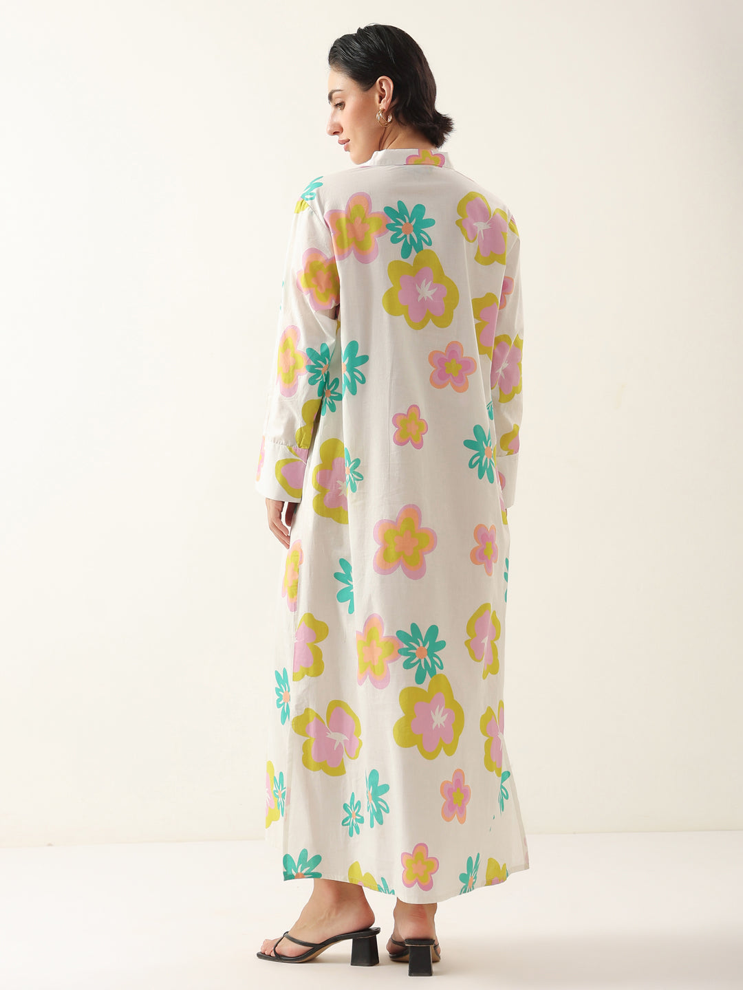 White Color Floral Shirt Collar Dress for Women