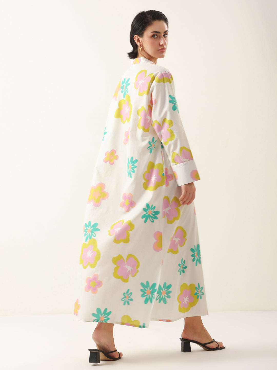 White Color Floral Shirt Collar Dress for Women