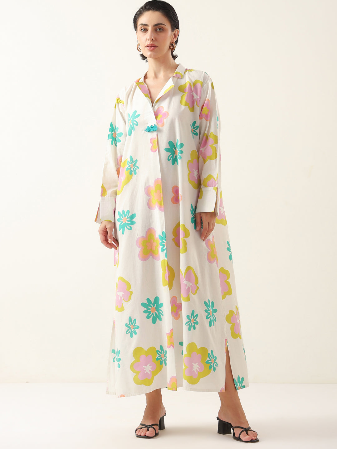 White Color Floral Shirt Collar Dress for Women