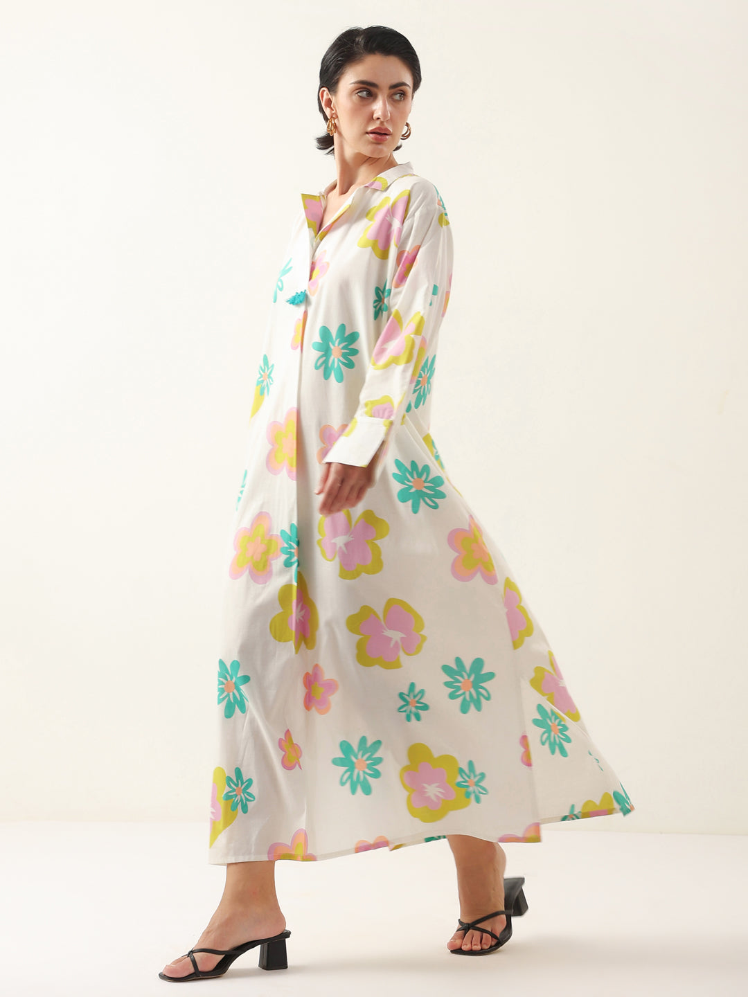 White Color Floral Shirt Collar Dress for Women