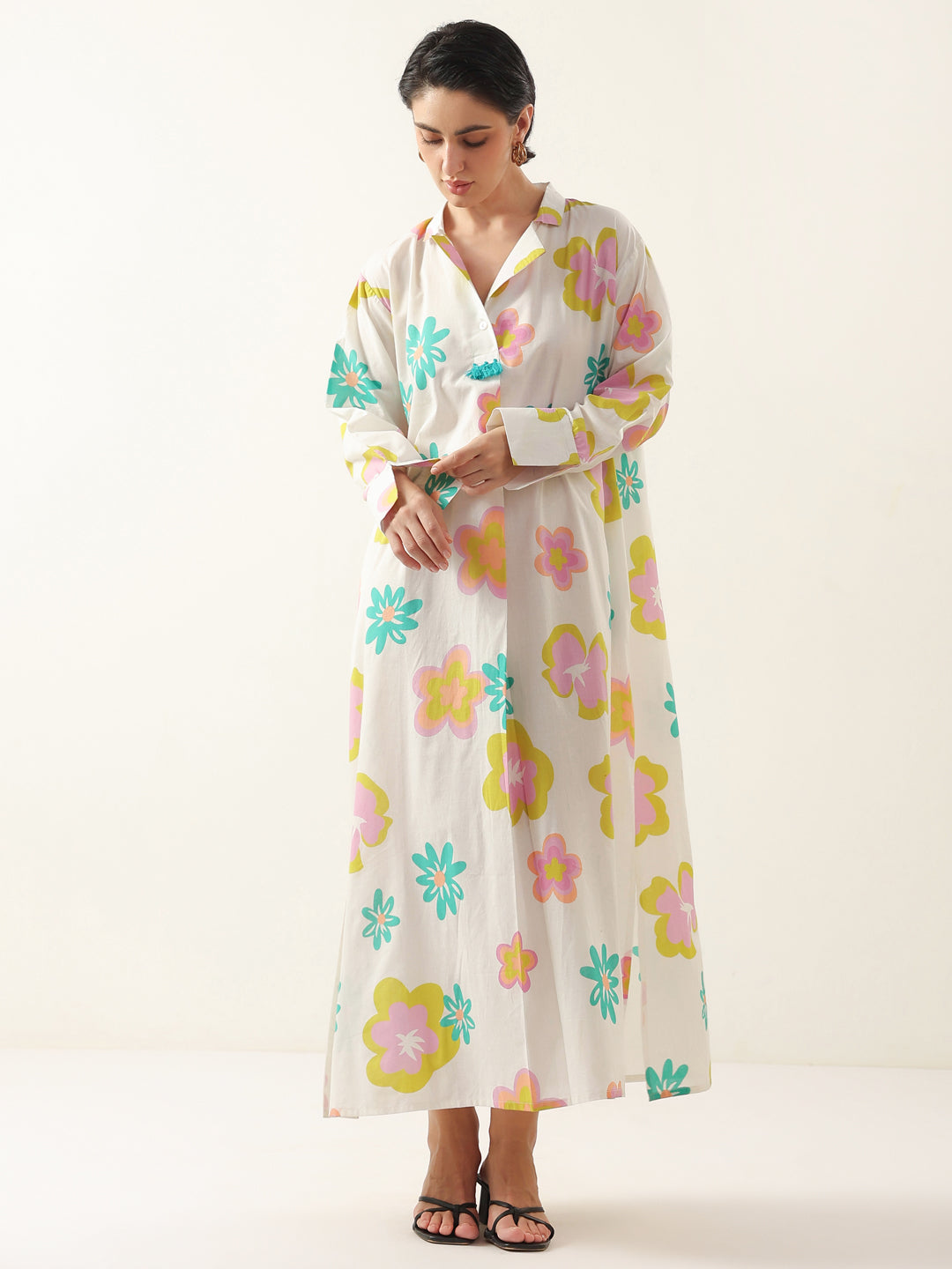 White Color Floral Shirt Collar Dress for Women