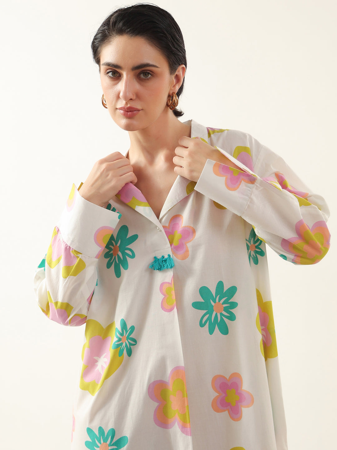 White Color Floral Shirt Collar Dress for Women