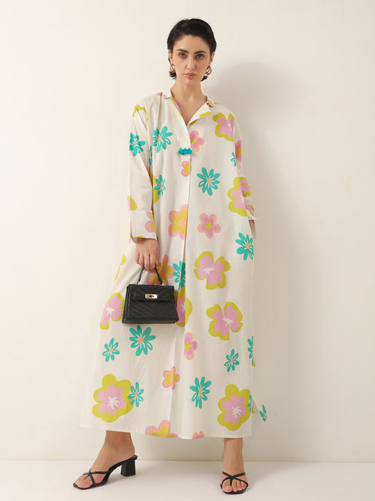 White Color Floral Shirt Collar Dress for Women