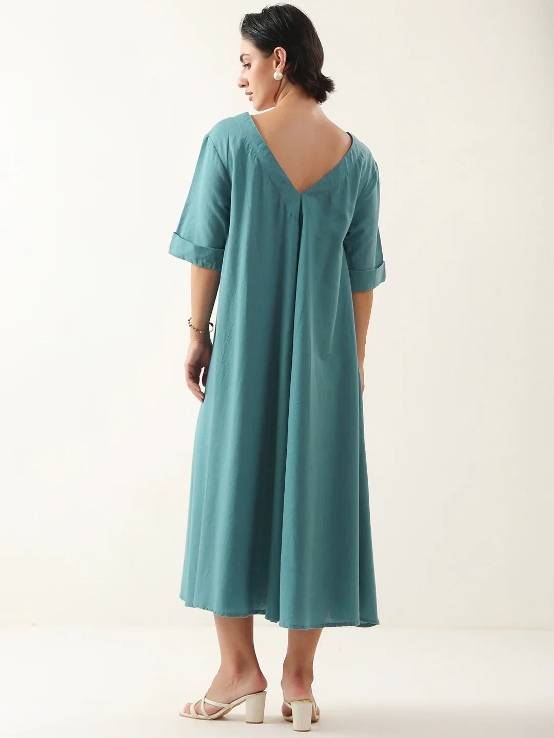 Blue V-Neck Solid Cotton Dress For Women