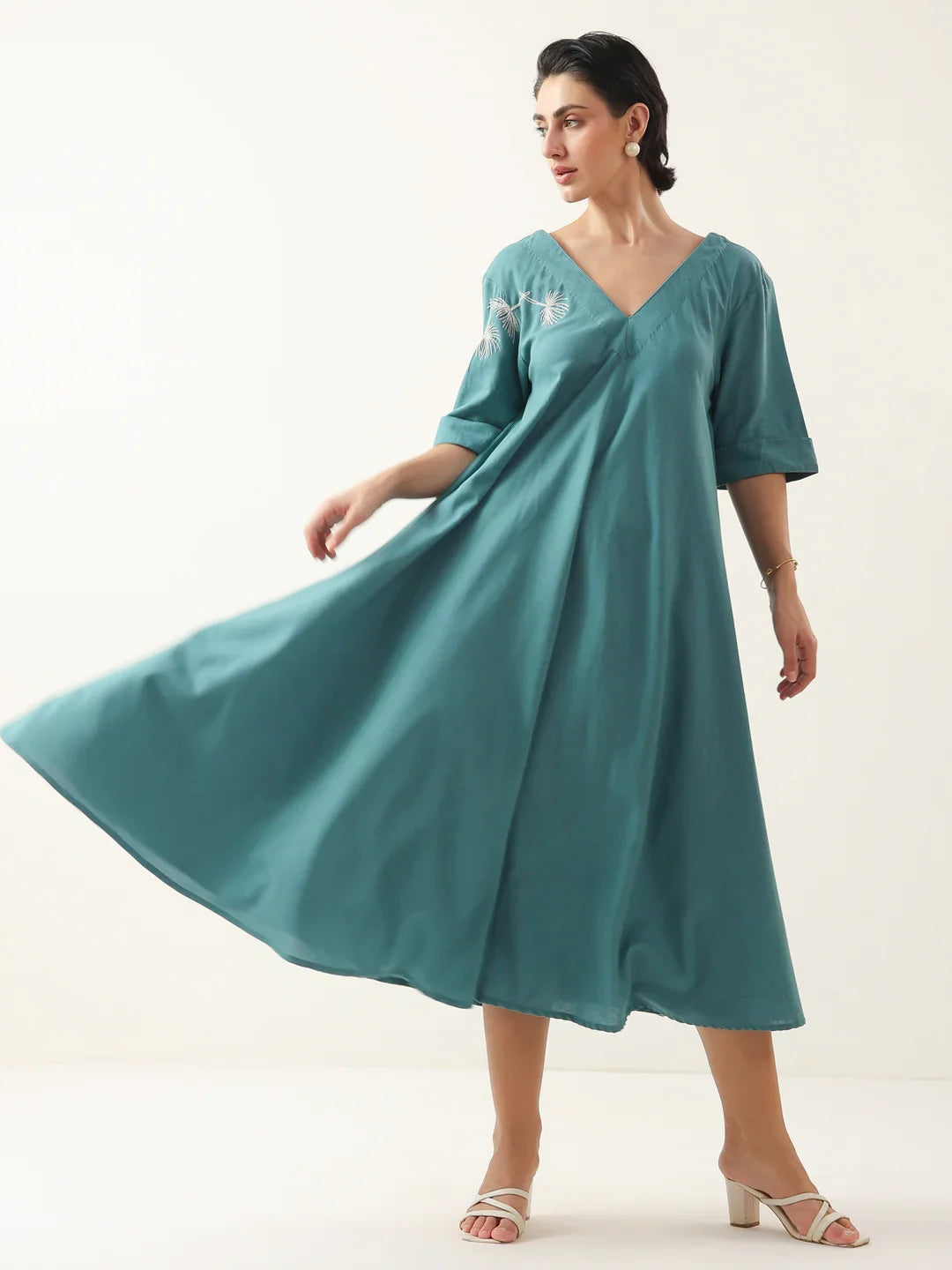 Blue V-Neck Solid Cotton Dress For Women