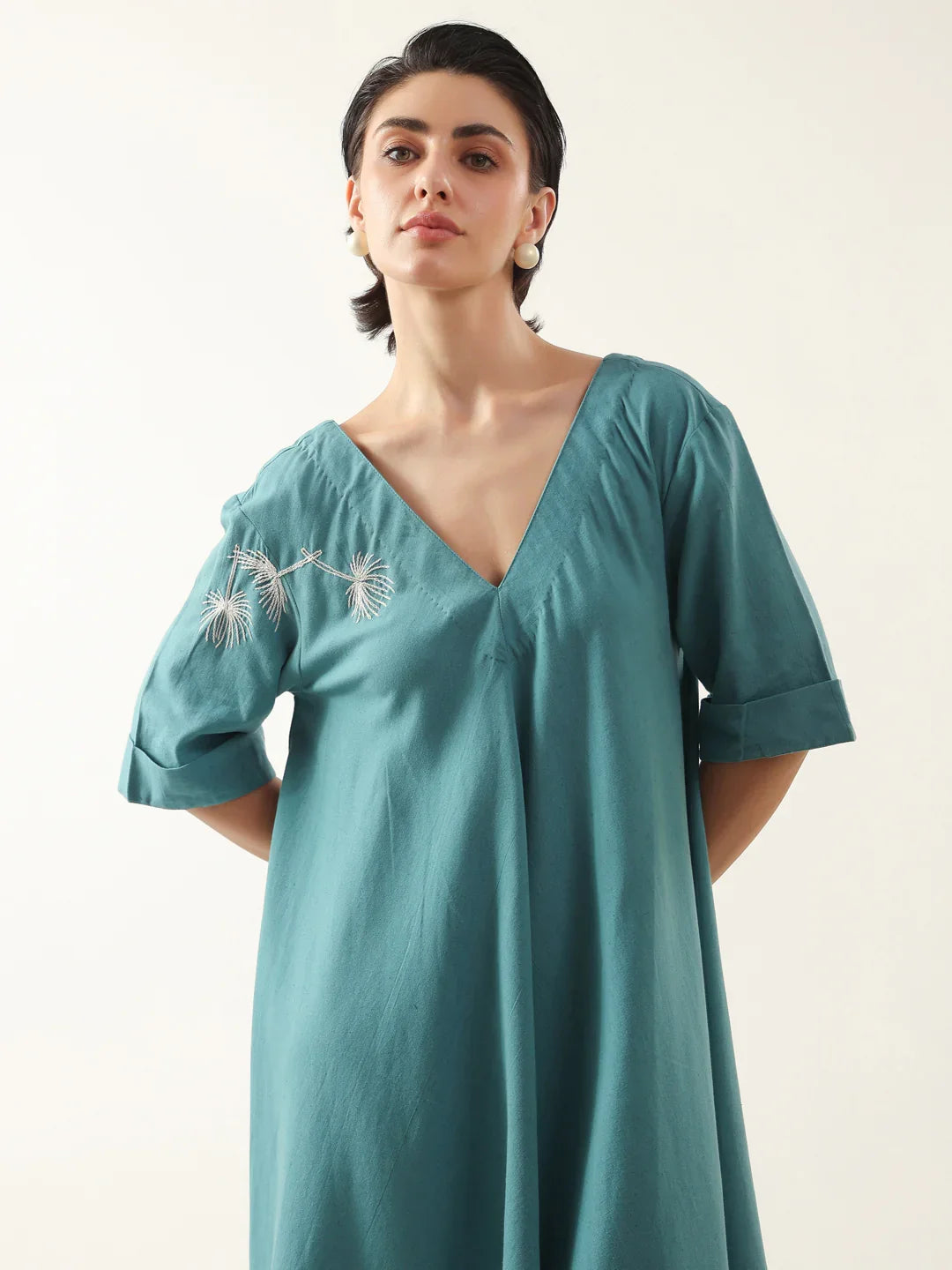 Blue V-Neck Solid Cotton Dress For Women