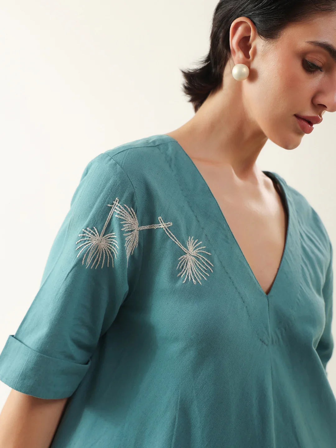 Blue V-Neck Solid Cotton Dress For Women