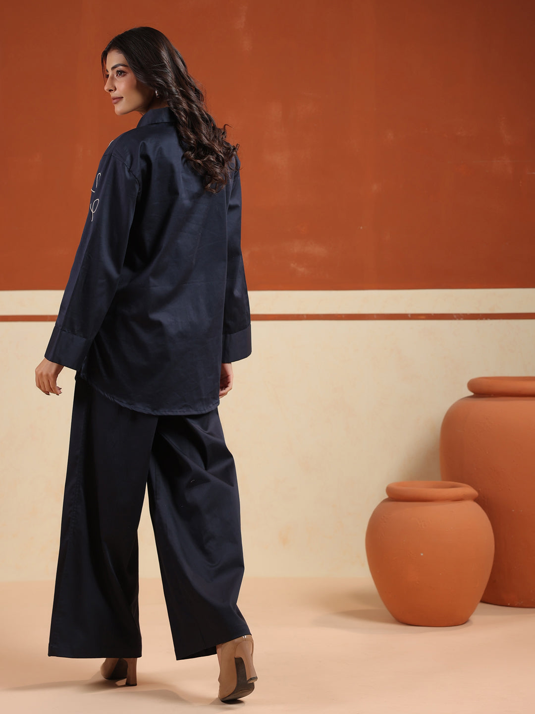 Navy Blue Solid Cotton Blend Shirt Collar Co-Ord Set For Women