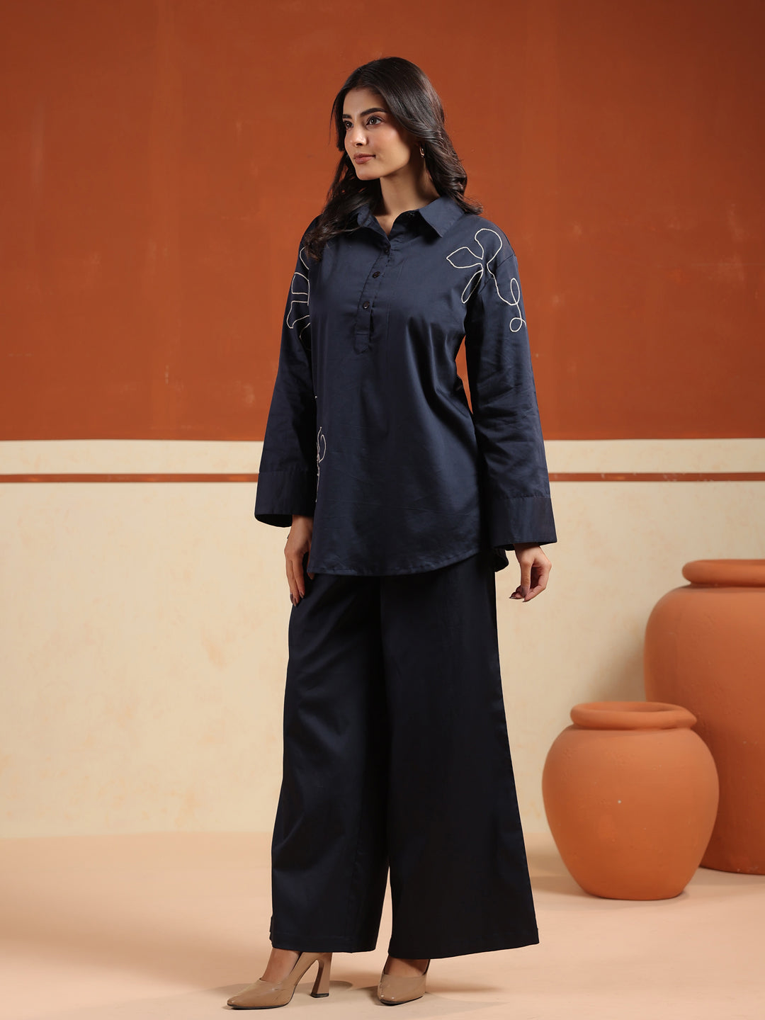 Navy Blue Solid Cotton Blend Shirt Collar Co-Ord Set For Women