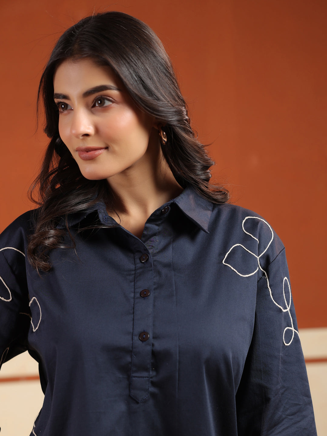 Navy Blue Solid Cotton Blend Shirt Collar Co-Ord Set For Women