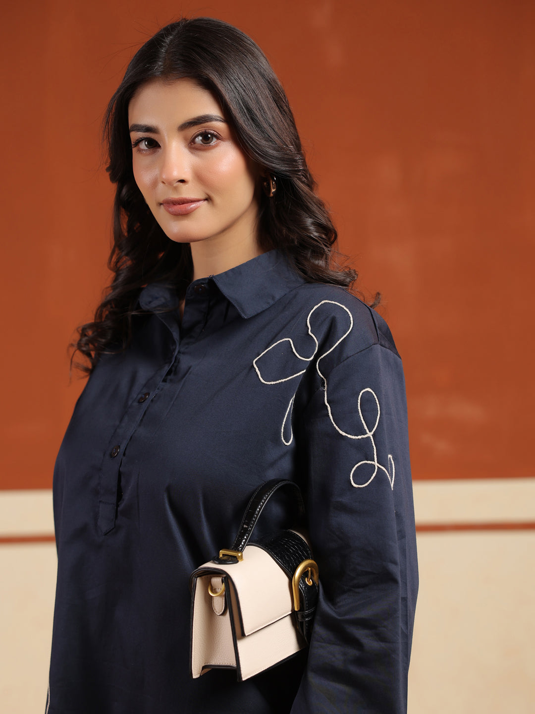 Navy Blue Solid Cotton Blend Shirt Collar Co-Ord Set For Women
