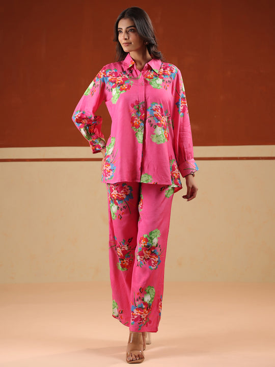 Pink Floral Print Relaxed Shirt and Trousers Co-ords Set