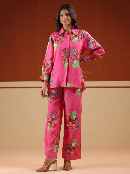 Pink Floral Print Relaxed Shirt and Trousers Co-ords Set